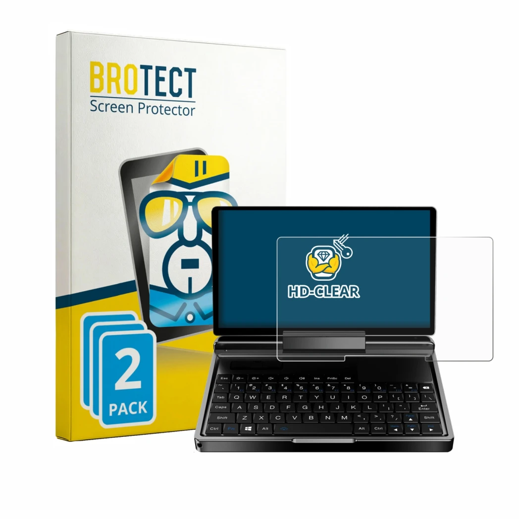 Face avant d’un emballage produit avec le logo de la marque BROTECT. À côté, l’appareil GPD MicroPC 2 est représenté avec la p