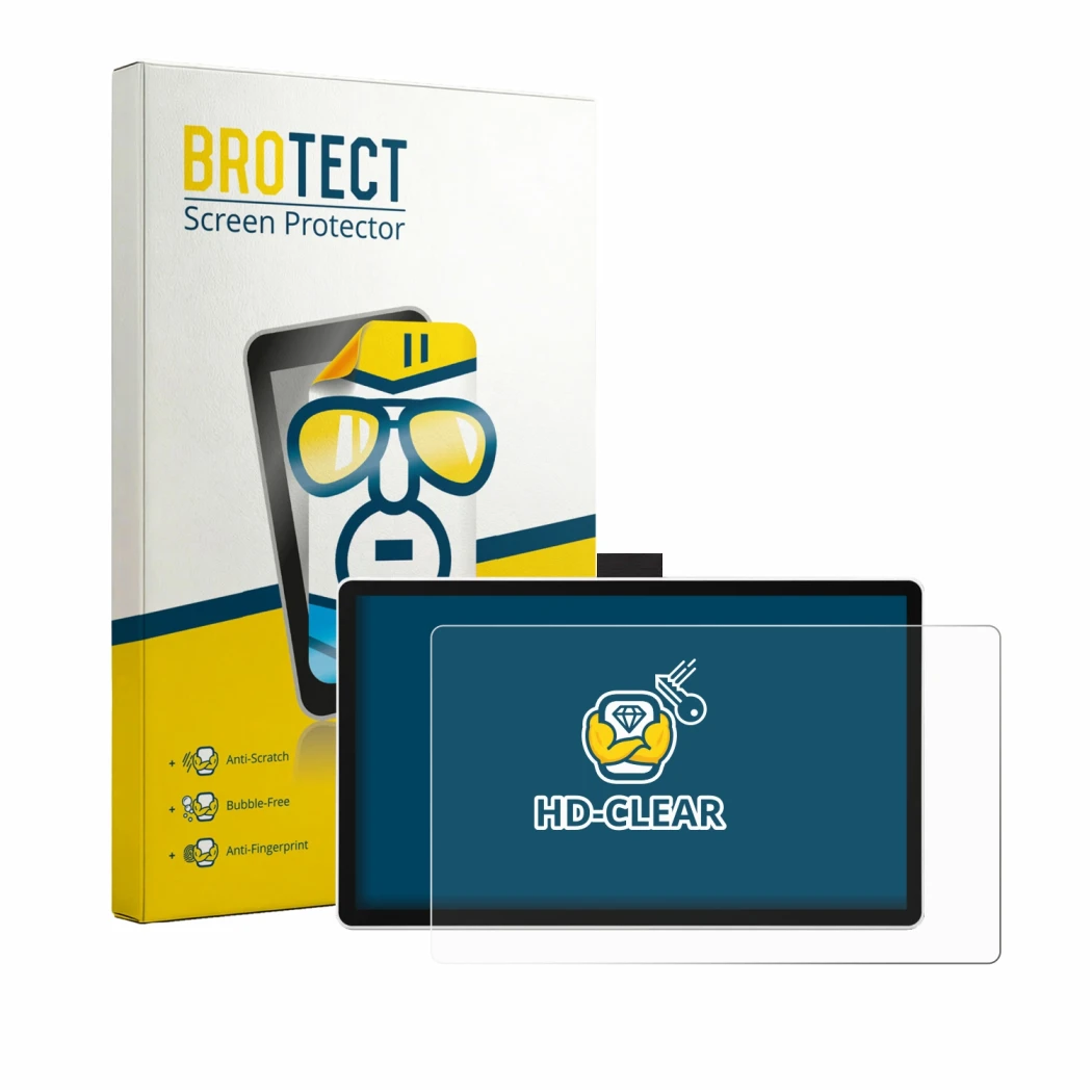 Face avant d’un emballage produit avec le logo de la marque BROTECT. À côté, l’appareil Wacom One 14 est représenté avec la pr