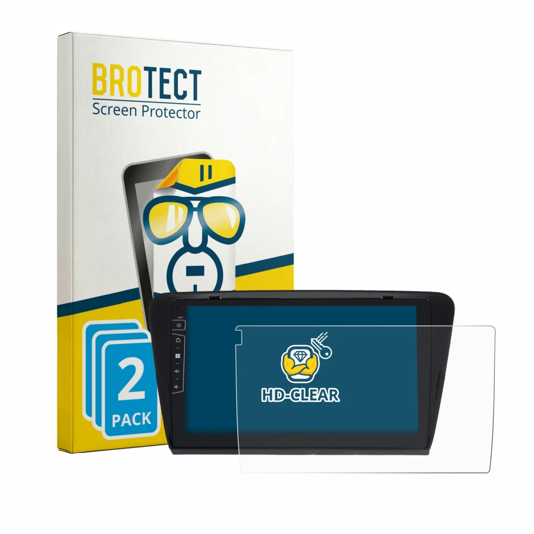 Face avant d’un emballage produit avec le logo de la marque BROTECT. À côté, l’appareil Dynavin D9-7 Premium Flex est représen