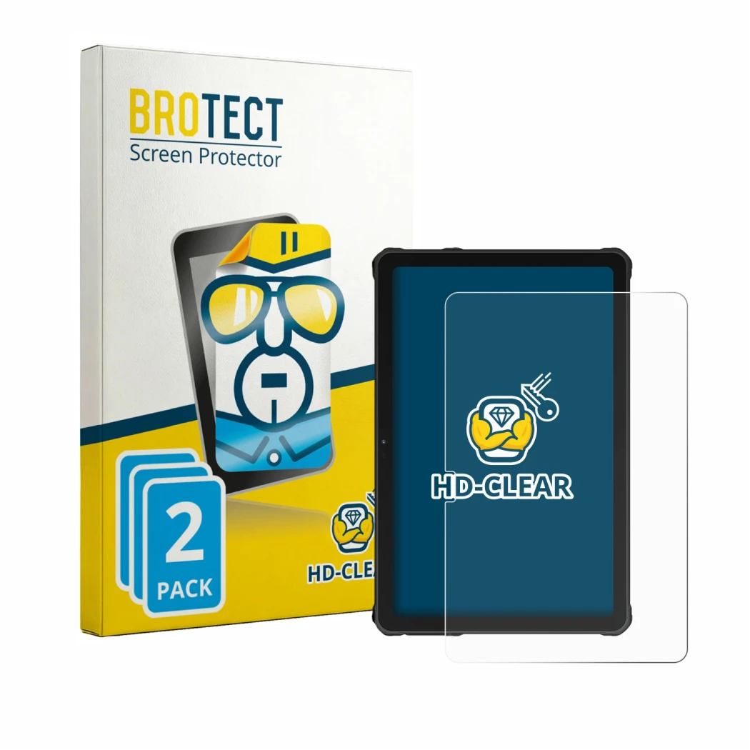 Face avant d’un emballage produit avec le logo de la marque BROTECT. À côté, l’appareil Oukitel RT10 est représenté avec la pr