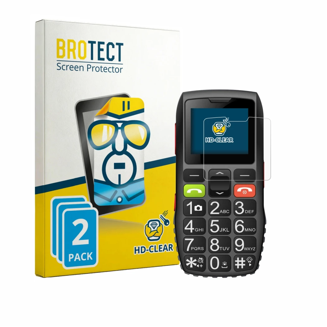 Face avant d’un emballage produit avec le logo de la marque BROTECT. À côté, l’appareil artfone C1 est représenté avec la prot