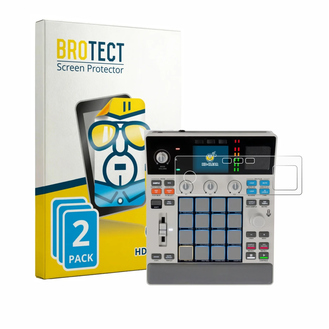 Face avant d’un emballage produit avec le logo de la marque BROTECT. À côté, l’appareil Akai MPC Sample est représenté avec la