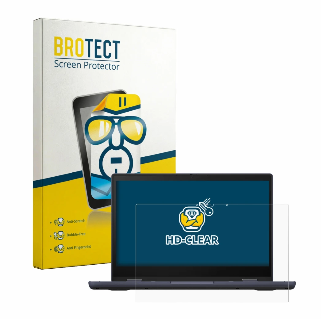 Face avant d’un emballage produit avec le logo de la marque BROTECT. À côté, l’appareil ASUS ExpertBook BR1402 est représenté