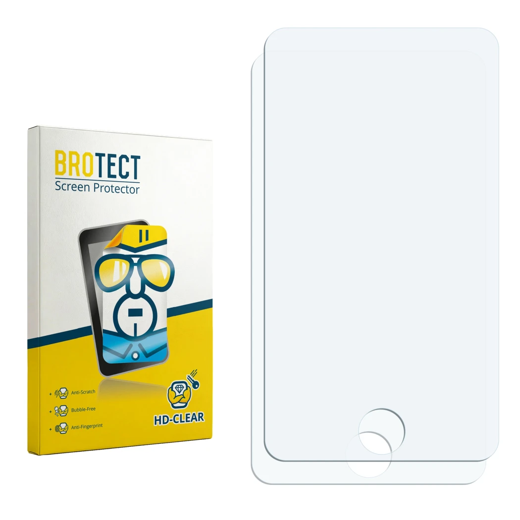 Face avant d’un emballage produit avec le logo de la marque BROTECT. À côté se trouve la protection d’écran correspondante.