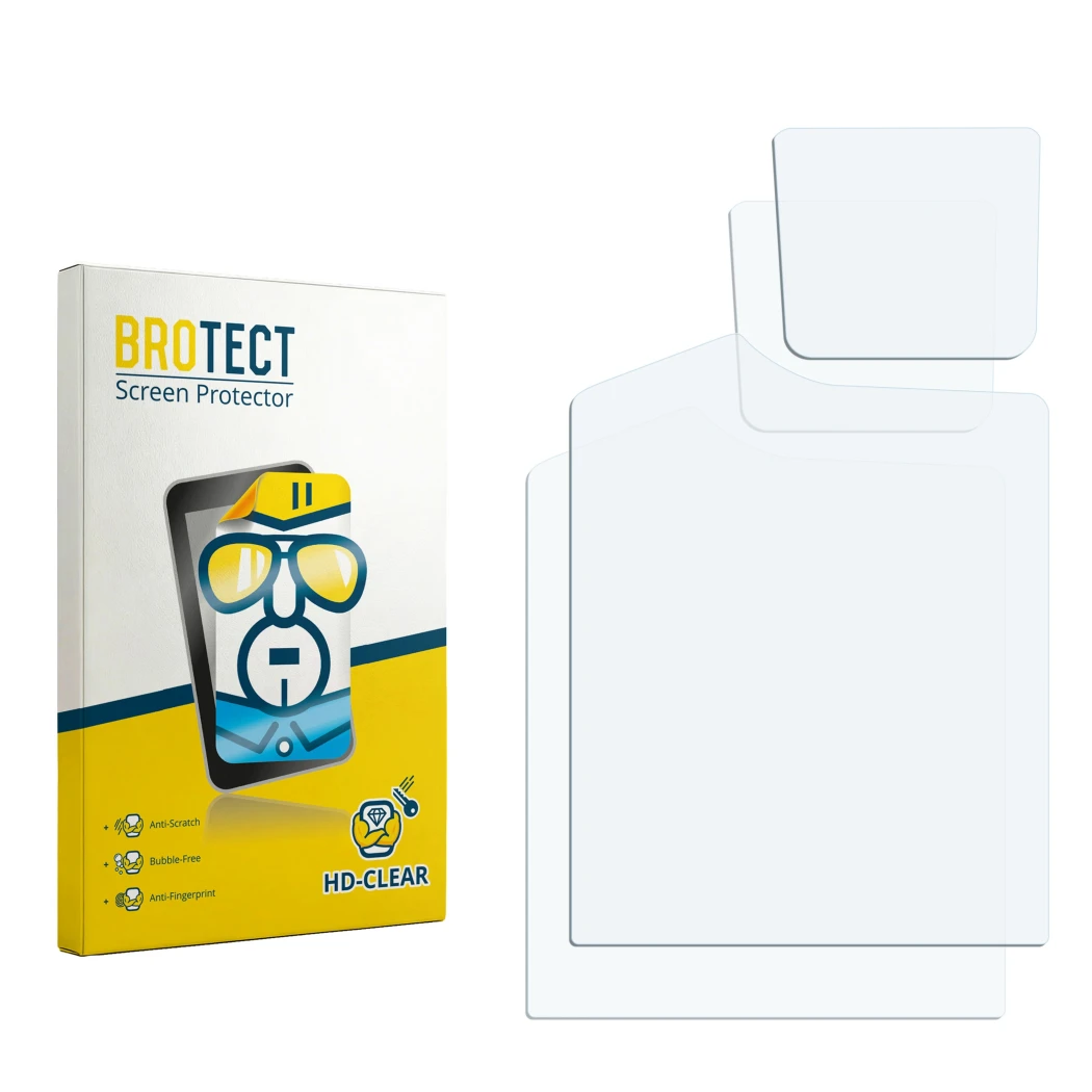 Face avant d’un emballage produit avec le logo de la marque BROTECT. À côté se trouve la protection d’écran correspondante.