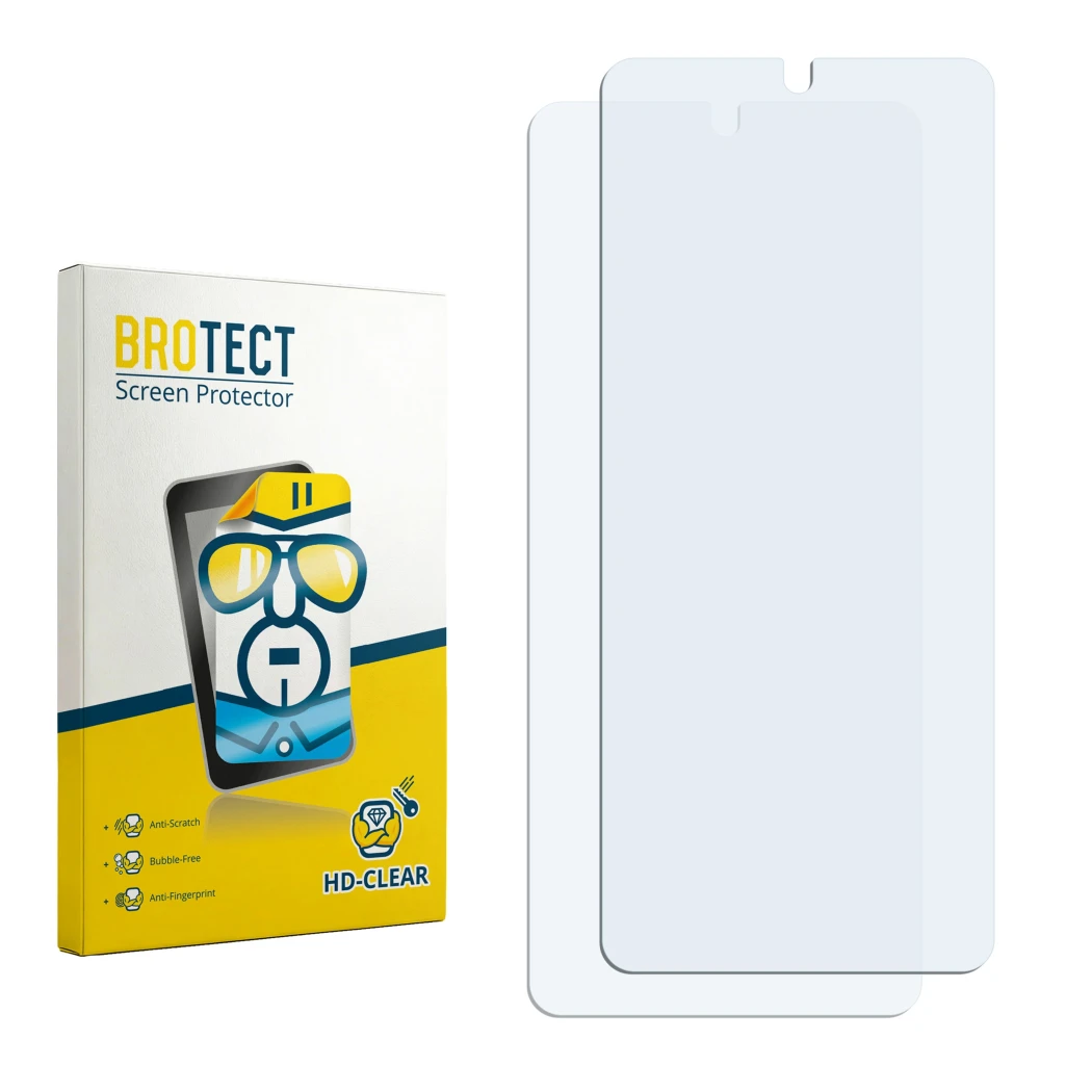 Face avant d’un emballage produit avec le logo de la marque BROTECT. À côté se trouve la protection d’écran correspondante.