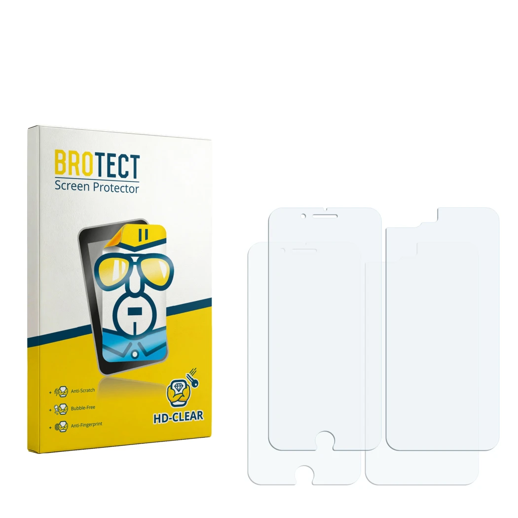 Face avant d’un emballage produit avec le logo de la marque BROTECT. À côté se trouve la protection d’écran correspondante.