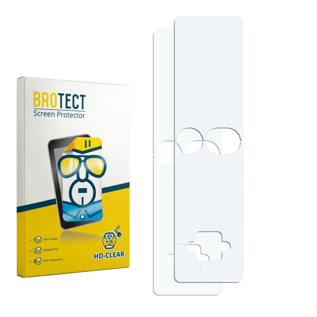 Face avant d’un emballage produit avec le logo de la marque BROTECT. À côté se trouve la protection d’écran correspondante.