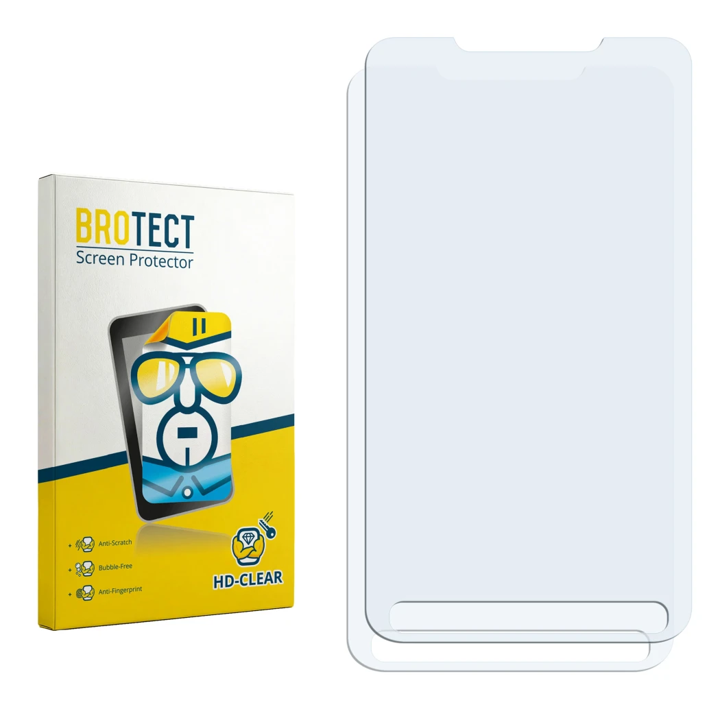 Face avant d’un emballage produit avec le logo de la marque BROTECT. À côté se trouve la protection d’écran correspondante.