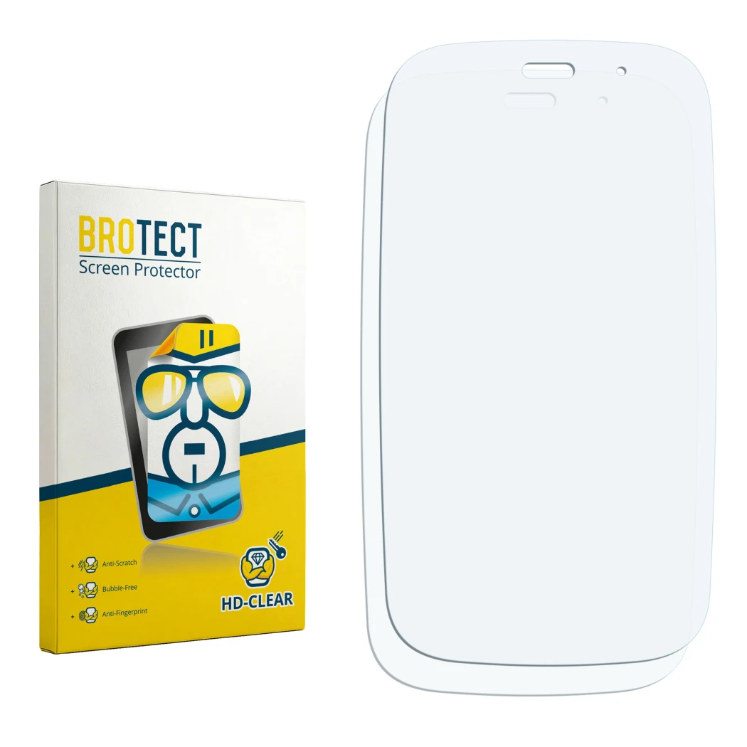 Face avant d’un emballage produit avec le logo de la marque BROTECT. À côté se trouve la protection d’écran correspondante.