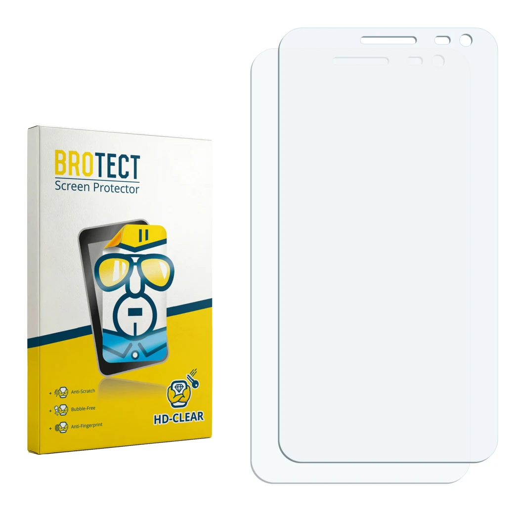 Face avant d’un emballage produit avec le logo de la marque BROTECT. À côté se trouve la protection d’écran correspondante.