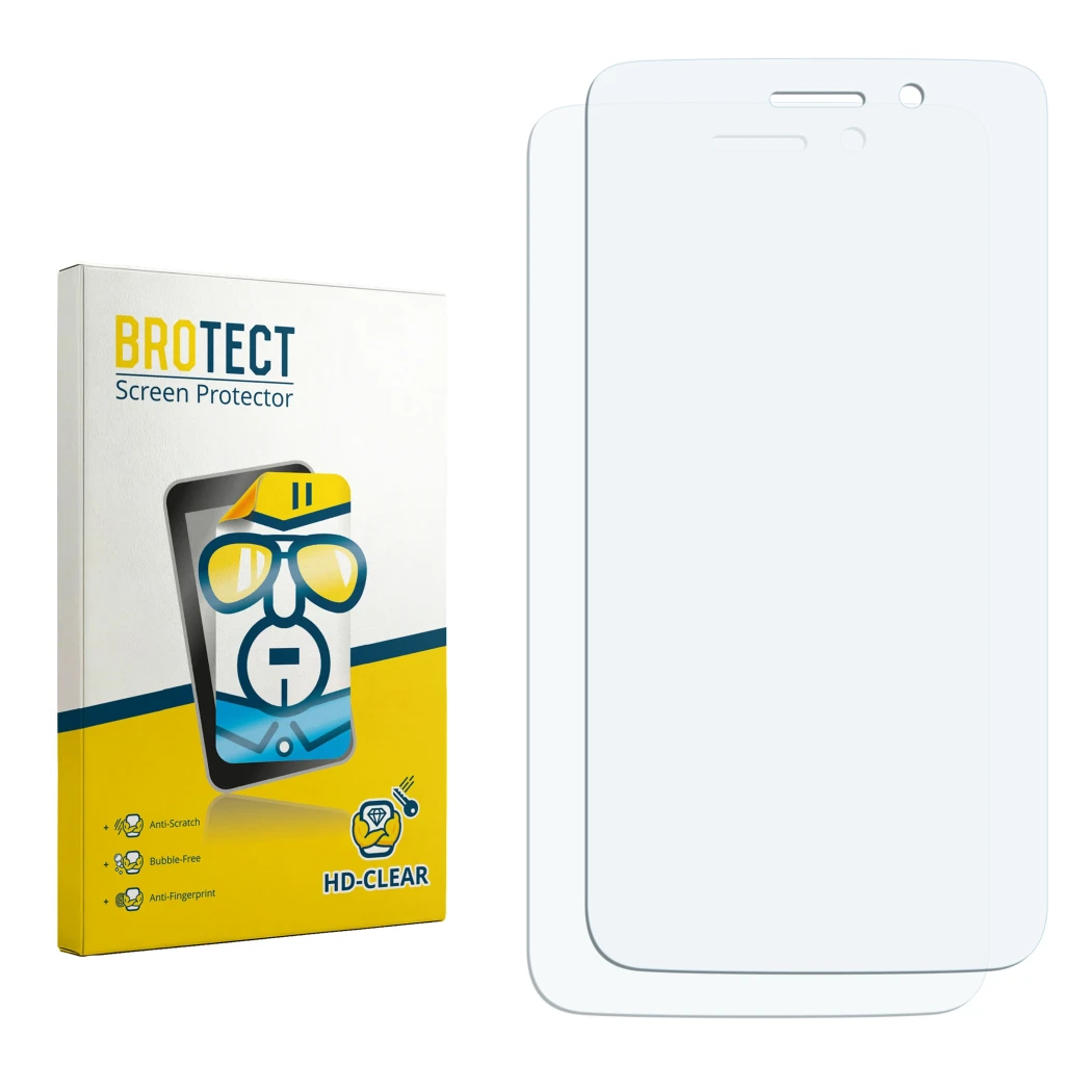 Face avant d’un emballage produit avec le logo de la marque BROTECT. À côté se trouve la protection d’écran correspondante.