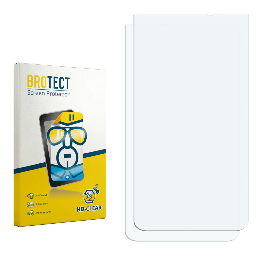 Face avant d’un emballage produit avec le logo de la marque BROTECT. À côté se trouve la protection d’écran correspondante.