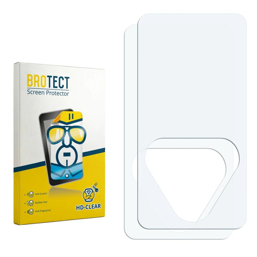 Face avant d’un emballage produit avec le logo de la marque BROTECT. À côté se trouve la protection d’écran correspondante.