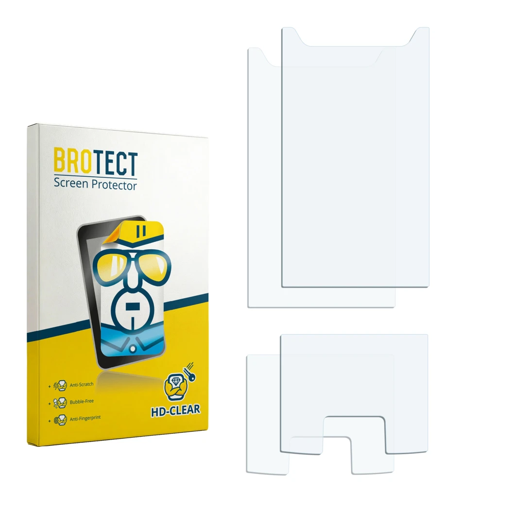 Face avant d’un emballage produit avec le logo de la marque BROTECT. À côté se trouve la protection d’écran correspondante.