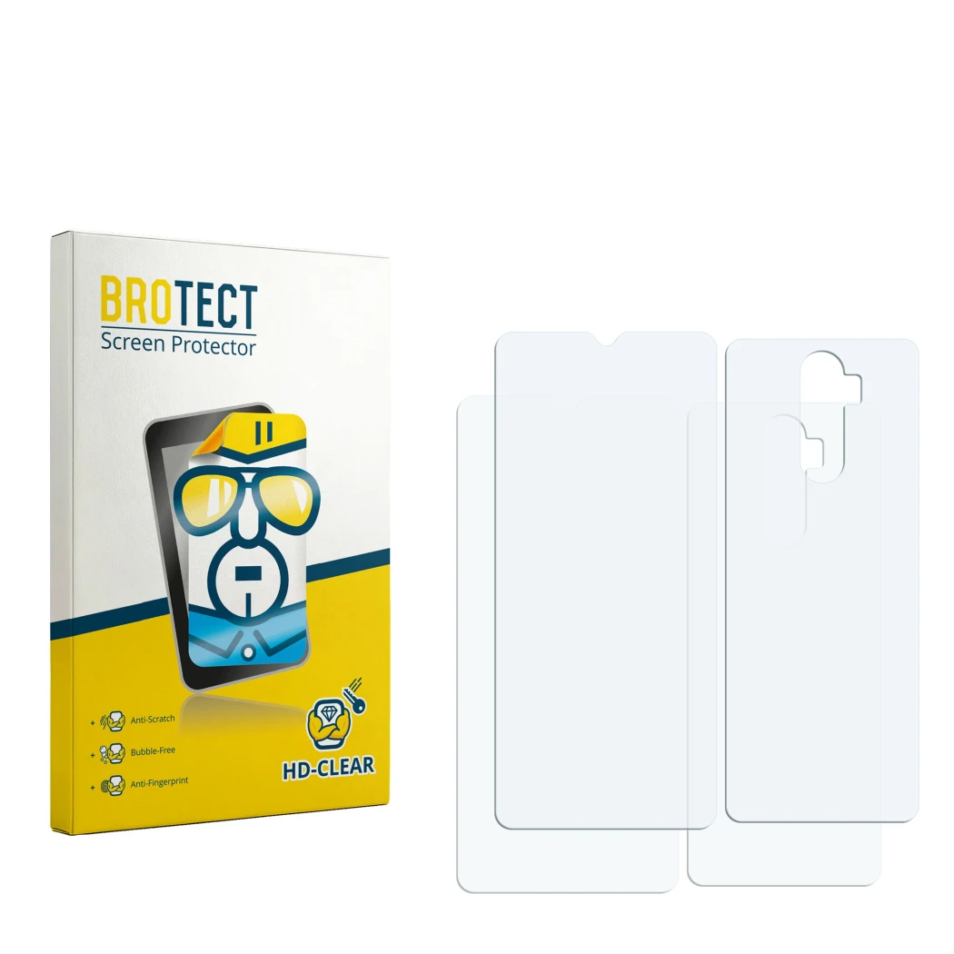 Face avant d’un emballage produit avec le logo de la marque BROTECT. À côté se trouve la protection d’écran correspondante.