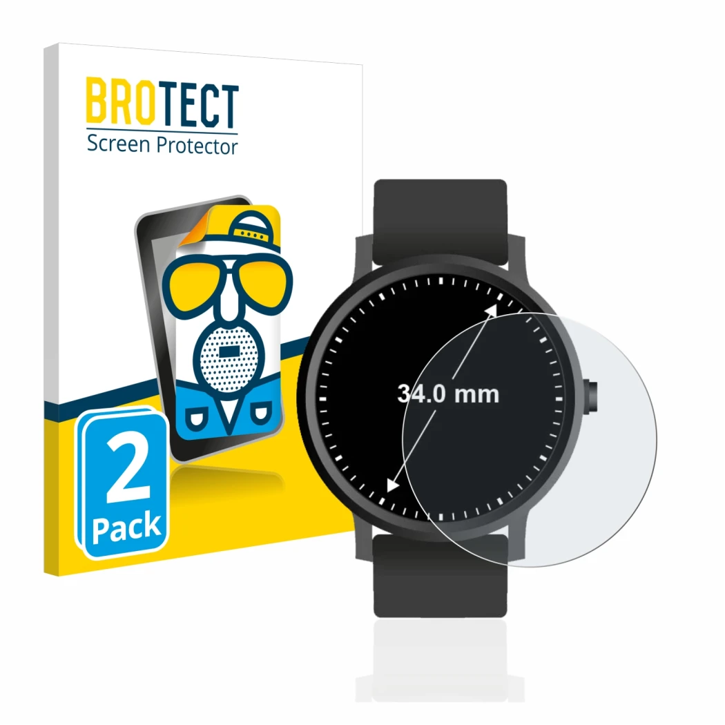 Face avant d’un emballage produit avec le logo de la marque BROTECT. À côté, l’appareil Montres (Circulaire, ø: 34 mm) est rep