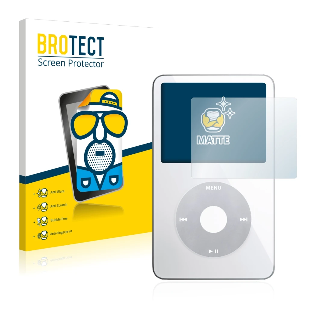 Face avant d’un emballage produit avec le logo de la marque BROTECT. À côté, l’appareil Apple iPod classic video Display (5ème