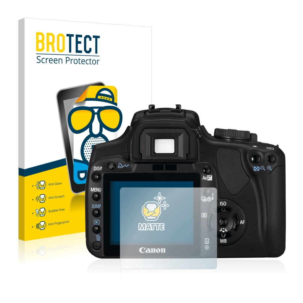 Face avant d’un emballage produit avec le logo de la marque BROTECT. À côté, l’appareil Canon EOS 400D est représenté avec la