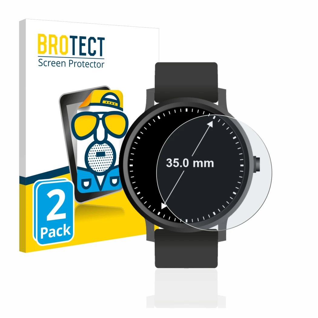 Face avant d’un emballage produit avec le logo de la marque BROTECT. À côté, l’appareil Montres (Circulaire, ø: 35 mm) est rep