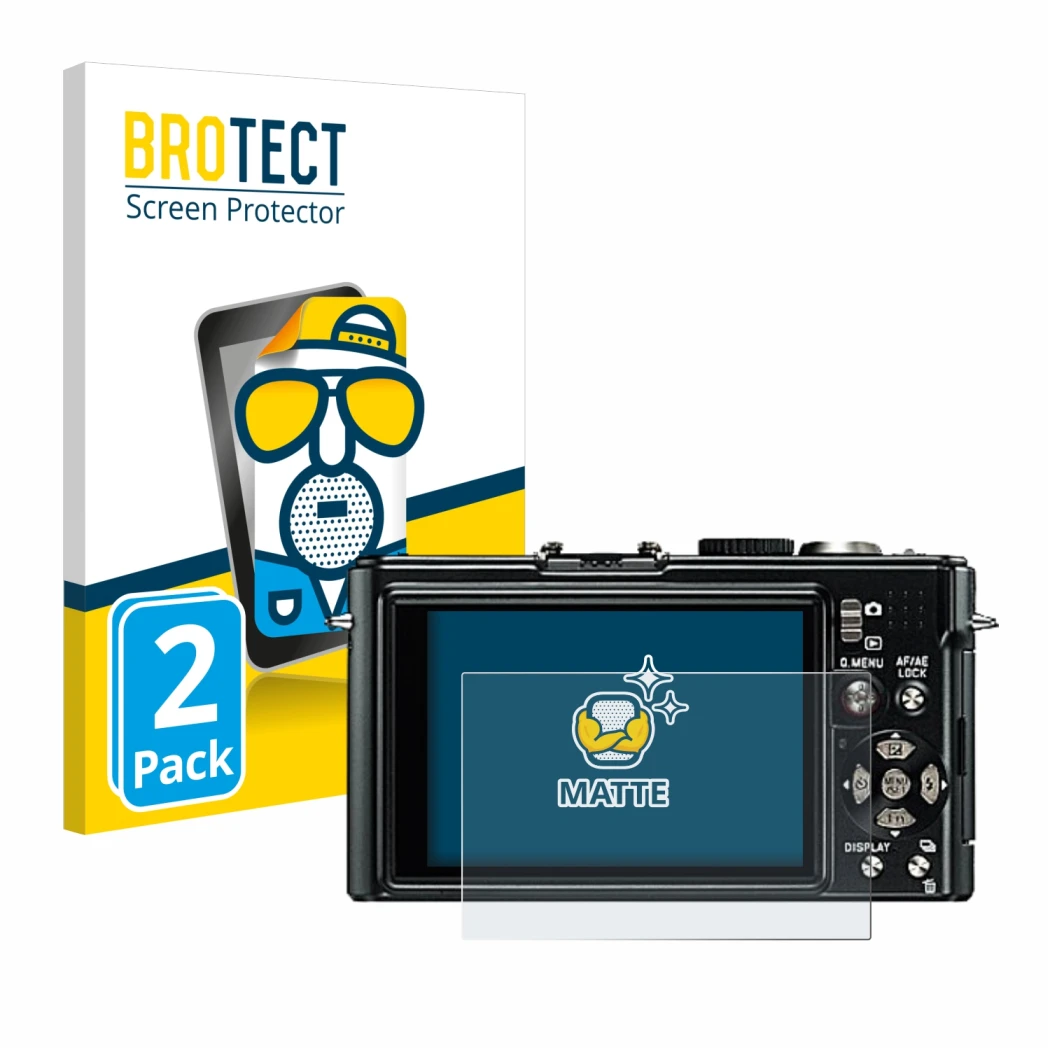 Face avant d’un emballage produit avec le logo de la marque BROTECT. À côté, l’appareil Leica D-Lux 4 est représenté avec la p