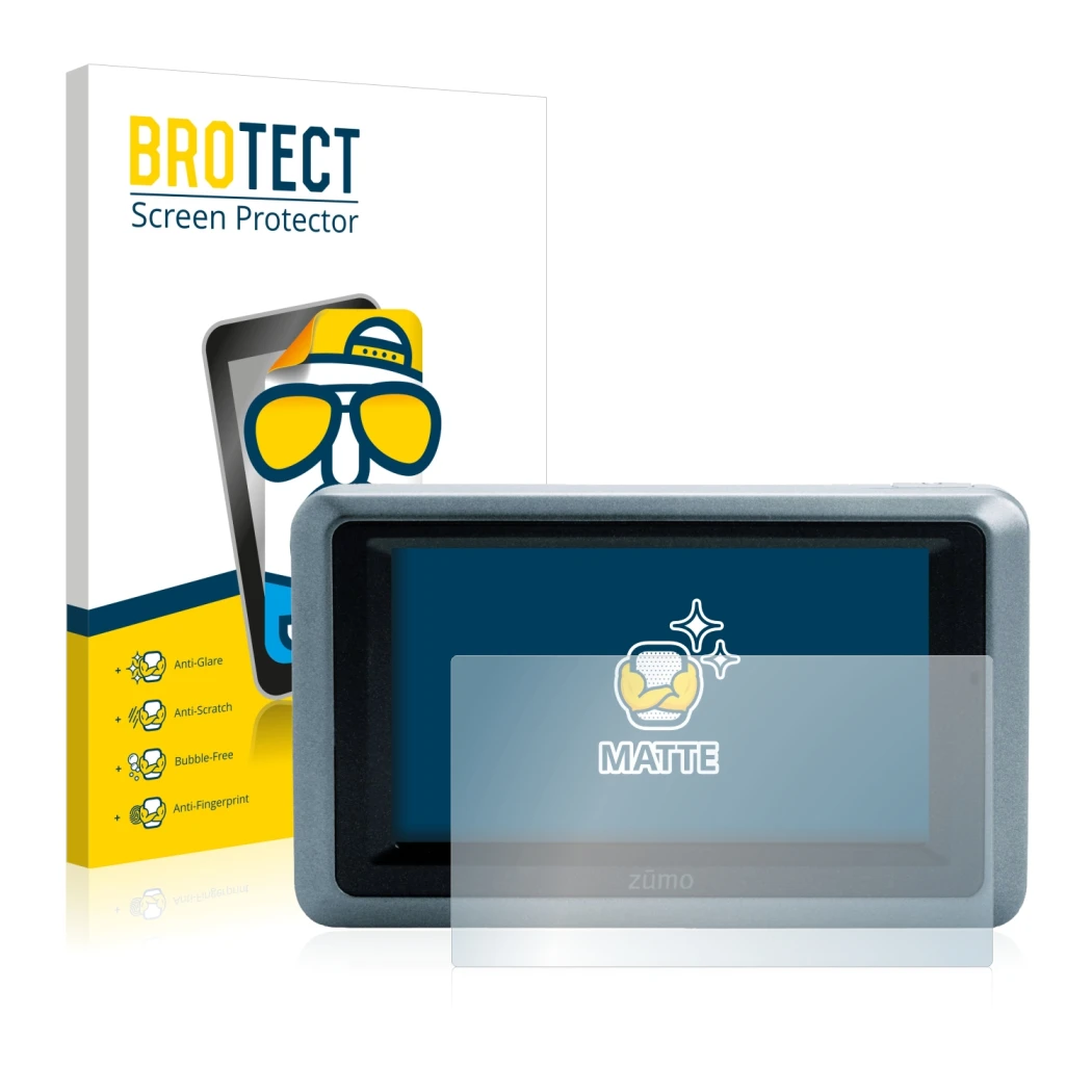 Face avant d’un emballage produit avec le logo de la marque BROTECT. À côté, l’appareil Garmin zumo 660 est représenté avec la