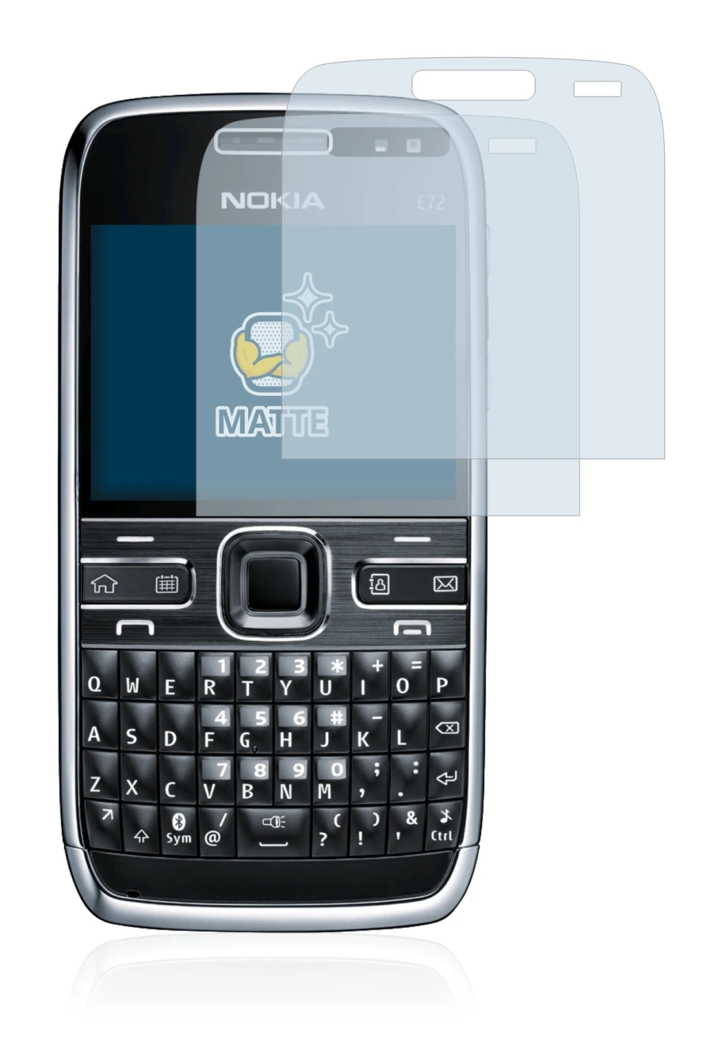 Image de l'appareil Nokia E72 avec une grande variété de protections d'écran.