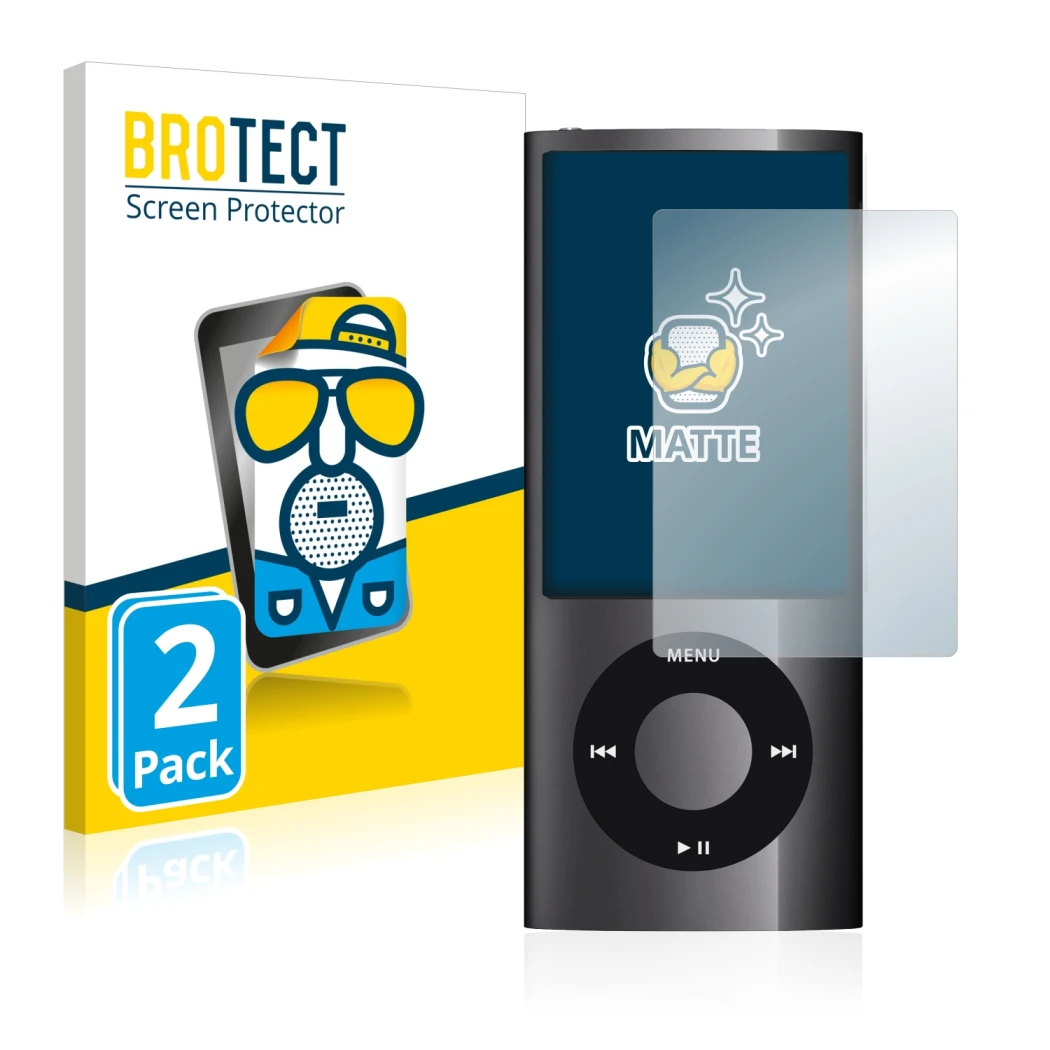 Face avant d’un emballage produit avec le logo de la marque BROTECT. À côté, l’appareil Apple iPod nano 2009 (5ème Gen.) est r