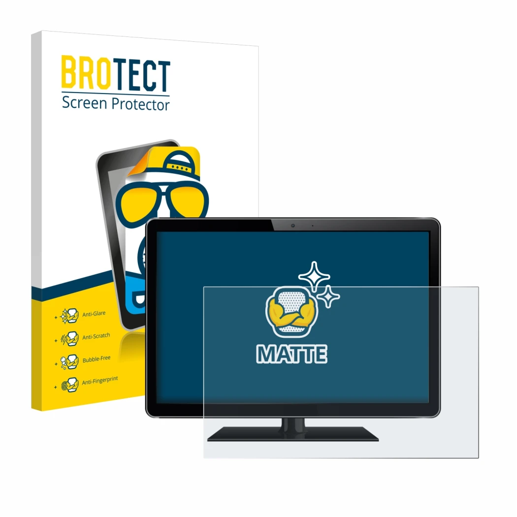 Face avant d’un emballage produit avec le logo de la marque BROTECT. À côté, l’appareil est représenté avec la protection d’éc