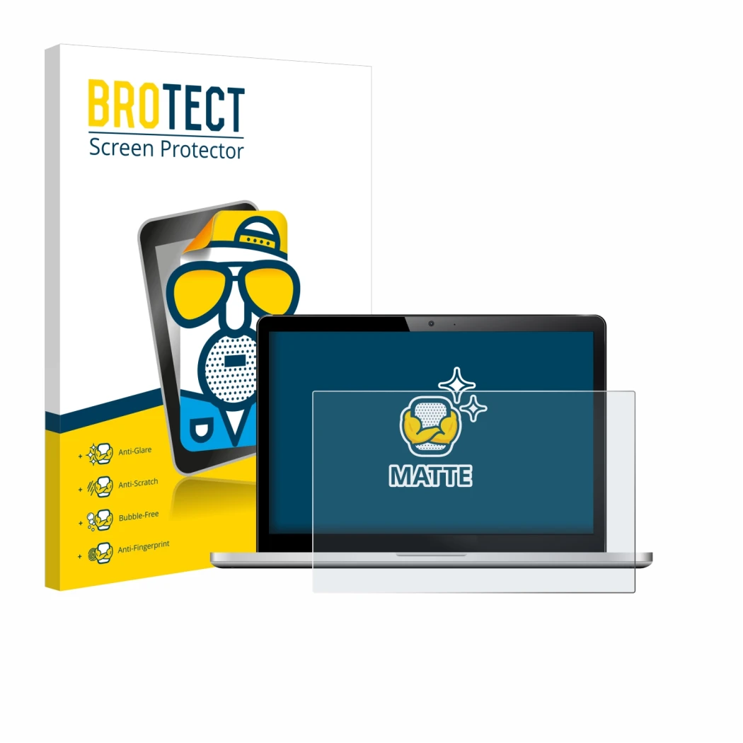 Face avant d’un emballage produit avec le logo de la marque BROTECT. À côté, l’appareil est représenté avec la protection d’éc