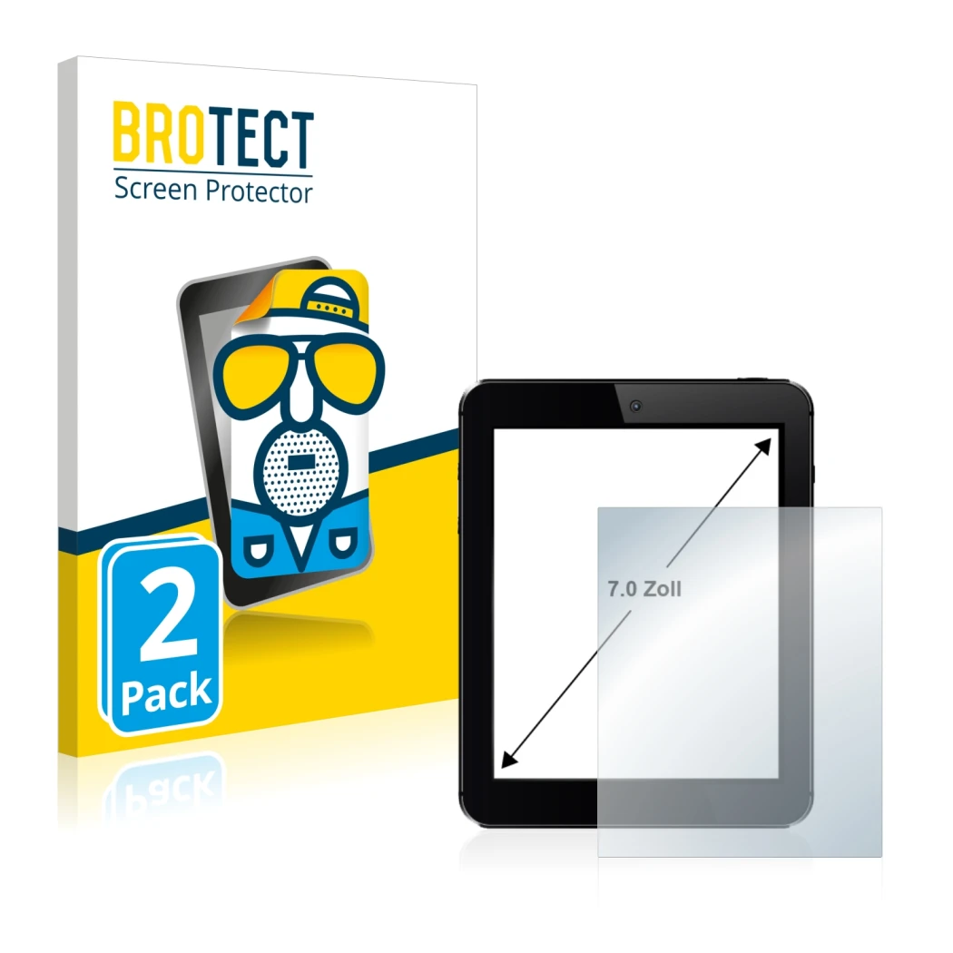 Face avant d’un emballage produit avec le logo de la marque BROTECT. À côté, l’appareil est représenté avec la protection d’éc