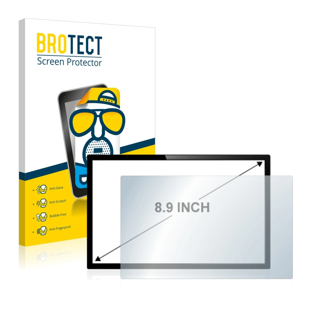 Face avant d’un emballage produit avec le logo de la marque BROTECT. À côté, l’appareil est représenté avec la protection d’éc