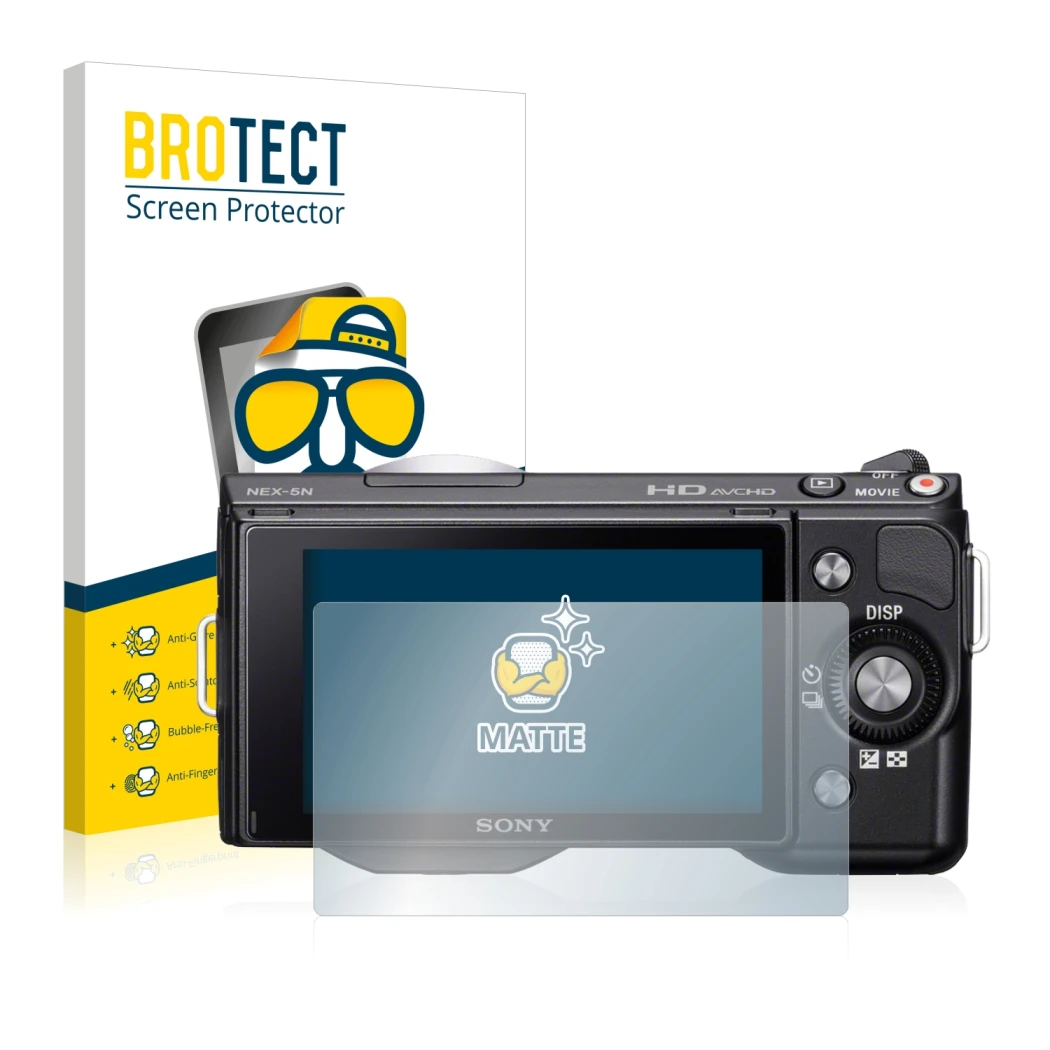 Face avant d’un emballage produit avec le logo de la marque BROTECT. À côté, l’appareil Sony Alpha NEX-5 est représenté avec l