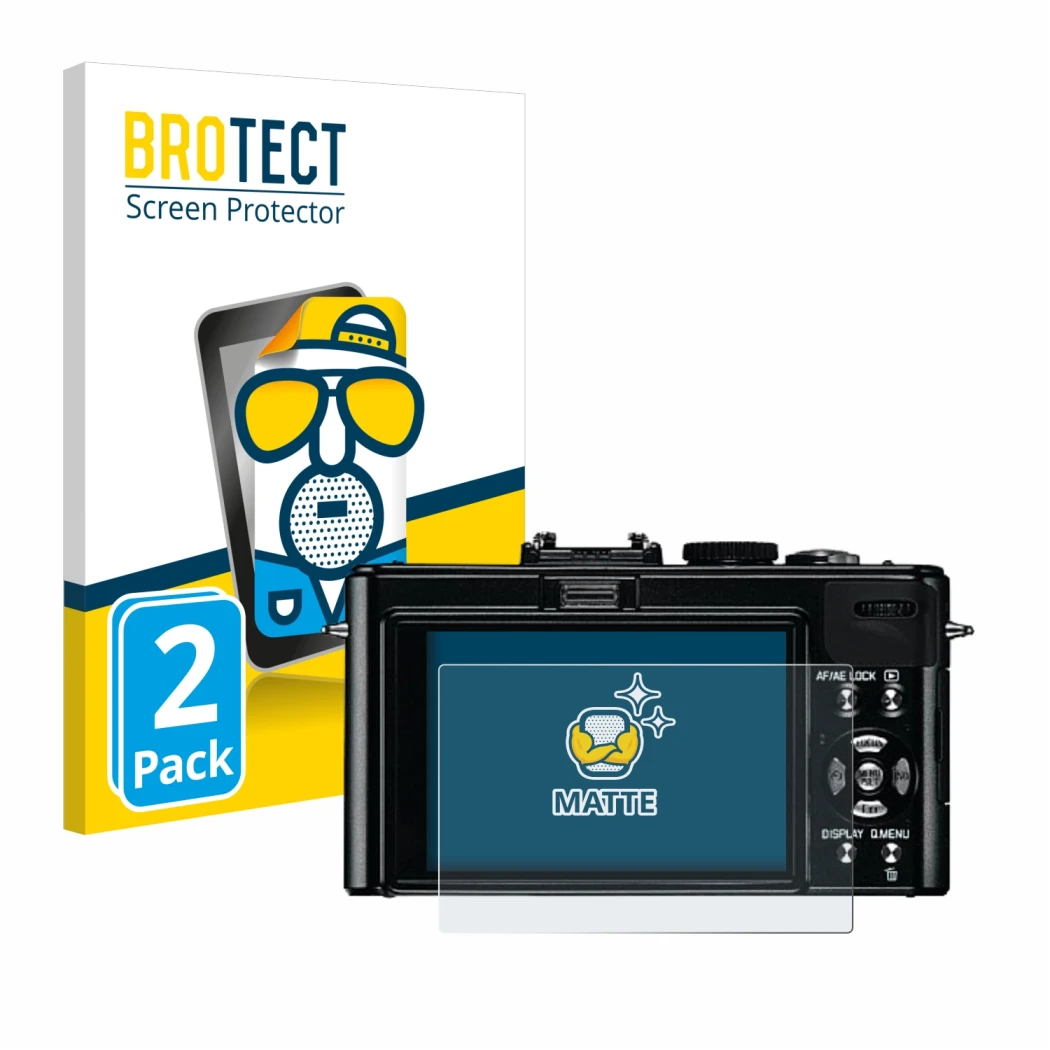 Face avant d’un emballage produit avec le logo de la marque BROTECT. À côté, l’appareil Leica D-Lux 5 est représenté avec la p