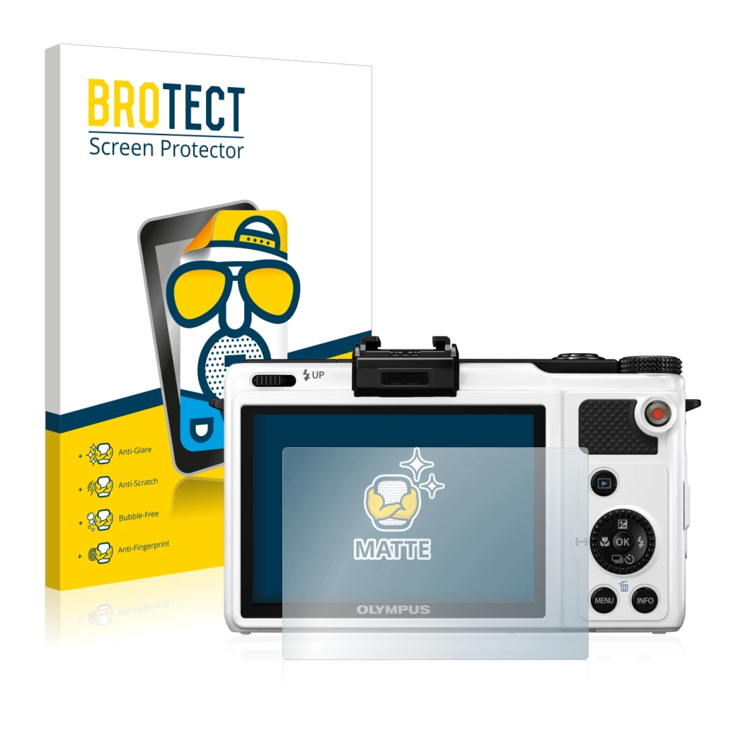 Face avant d’un emballage produit avec le logo de la marque BROTECT. À côté, l’appareil Olympus XZ-1 est représenté avec la pr