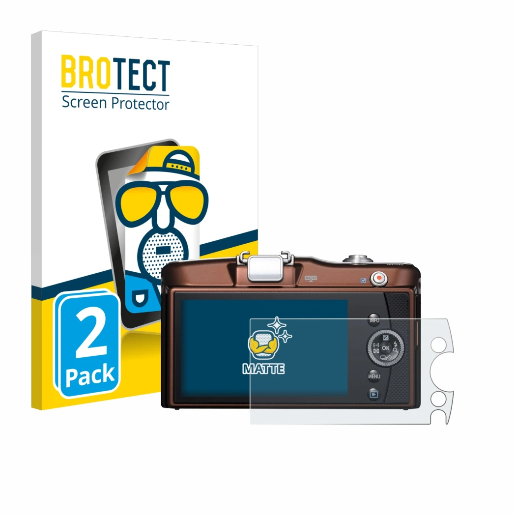 Face avant d’un emballage produit avec le logo de la marque BROTECT. À côté, l’appareil Olympus PEN E-PM1 est représenté avec 