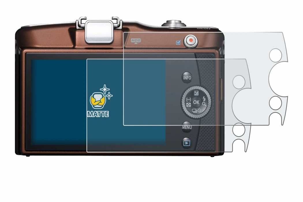 Image de l'appareil Olympus PEN E-PM1 avec une grande variété de protections d'écran.