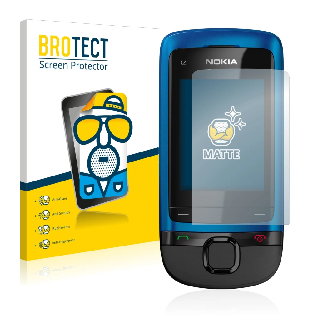 Face avant d’un emballage produit avec le logo de la marque BROTECT. À côté, l’appareil Nokia C2-05 est représenté avec la pro