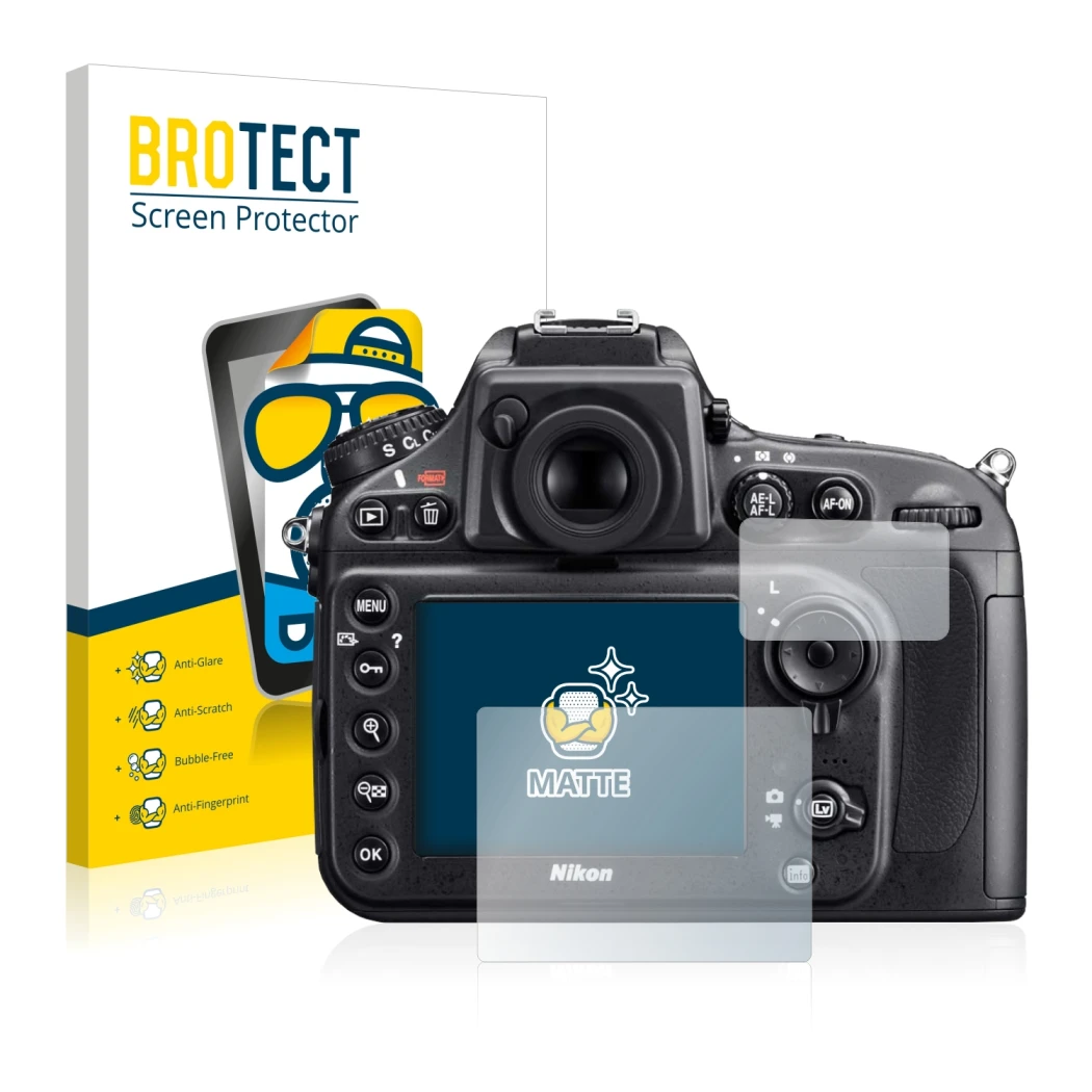 Face avant d’un emballage produit avec le logo de la marque BROTECT. À côté, l’appareil Nikon D800 est représenté avec la prot
