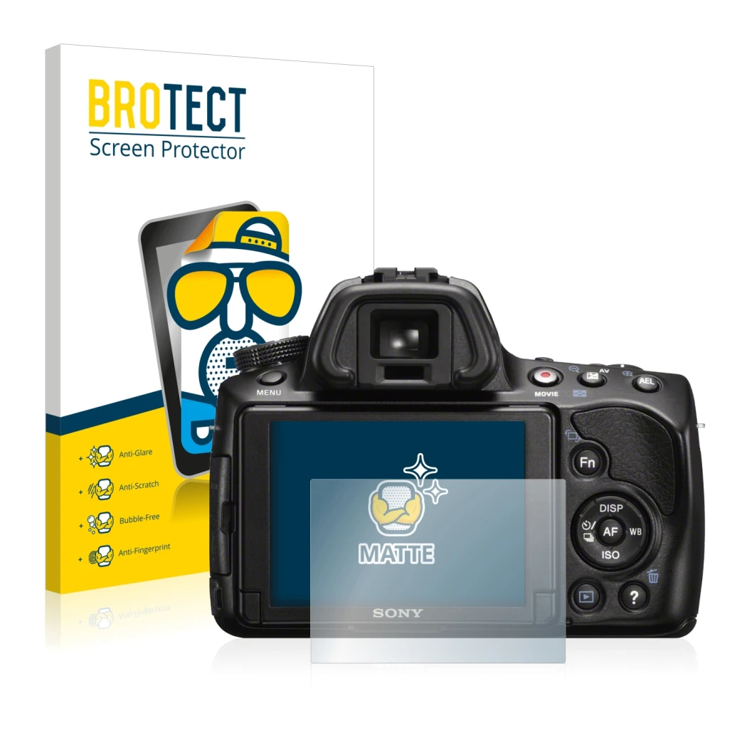 Face avant d’un emballage produit avec le logo de la marque BROTECT. À côté, l’appareil Sony Alpha 37 (SLT-A37) est représenté