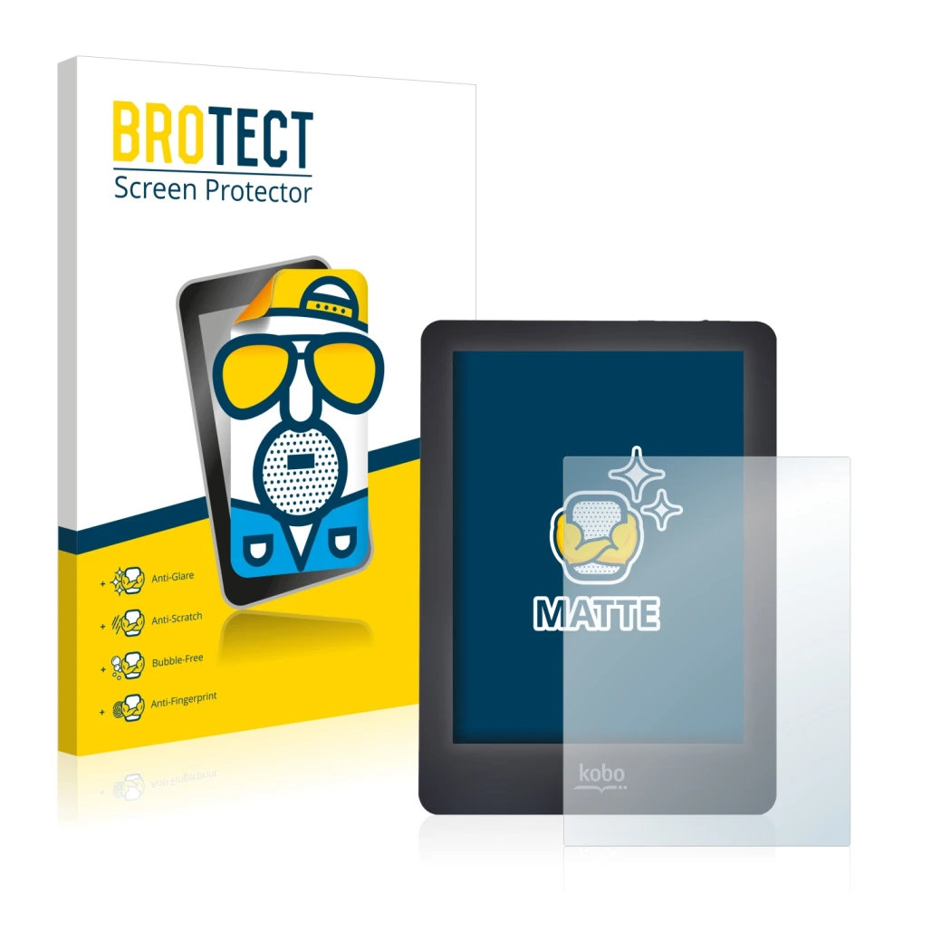 Face avant d’un emballage produit avec le logo de la marque BROTECT. À côté, l’appareil Kobo Glo est représenté avec la protec