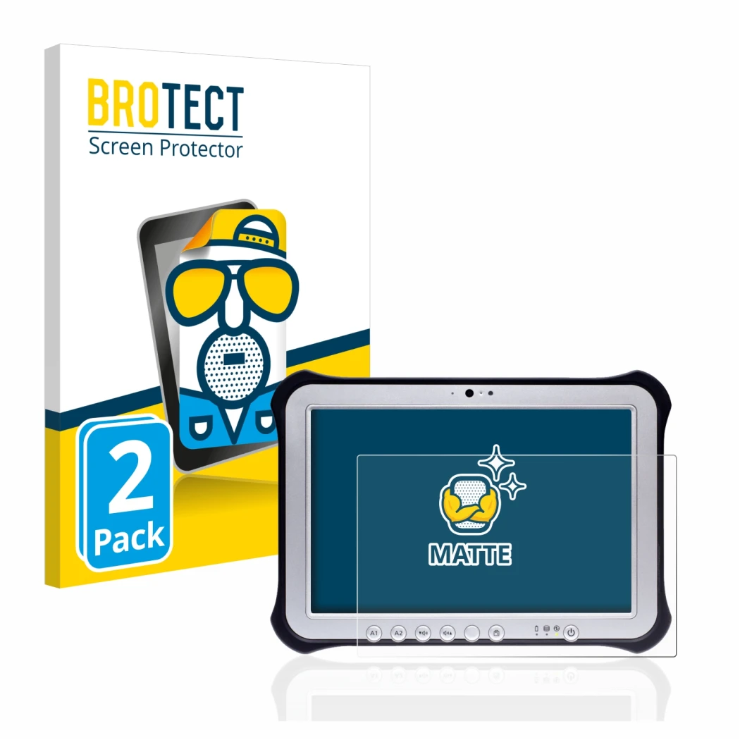 Face avant d’un emballage produit avec le logo de la marque BROTECT. À côté, l’appareil Panasonic Toughpad FZ-G1 est représent