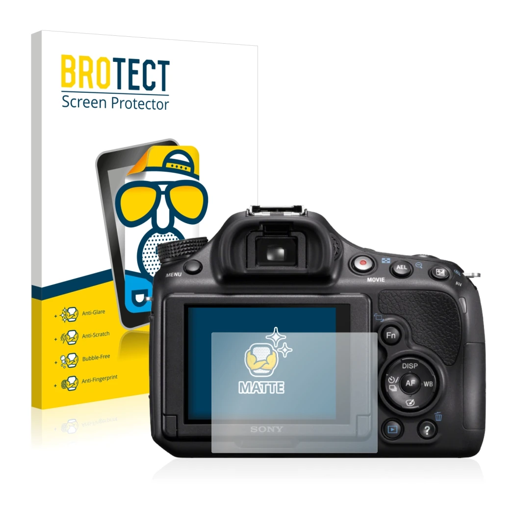 Face avant d’un emballage produit avec le logo de la marque BROTECT. À côté, l’appareil Sony Alpha 58 (SLT-A58) est représenté