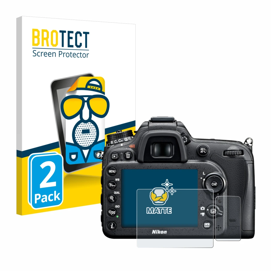 Face avant d’un emballage produit avec le logo de la marque BROTECT. À côté, l’appareil Nikon D7100 est représenté avec la pro