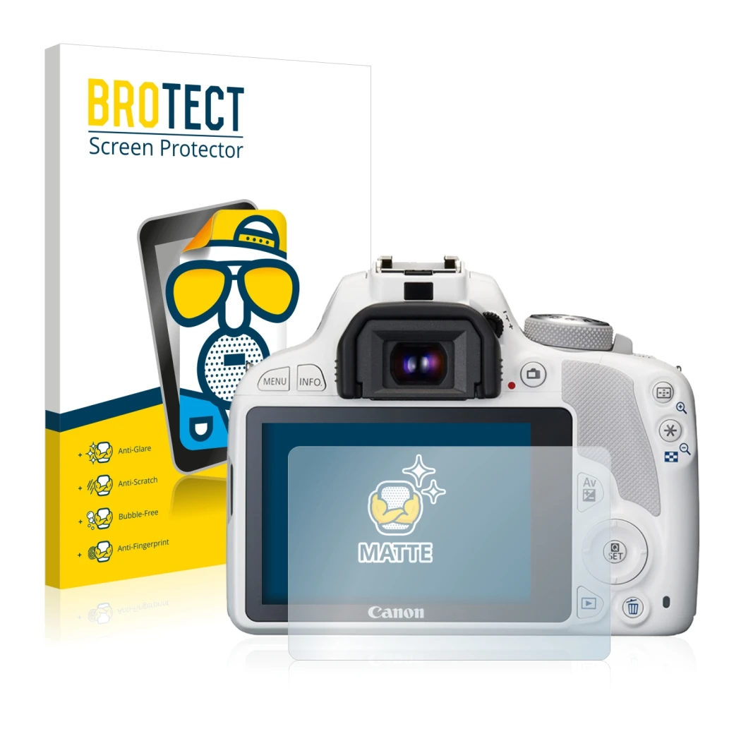 Face avant d’un emballage produit avec le logo de la marque BROTECT. À côté, l’appareil Canon EOS 100D est représenté avec la