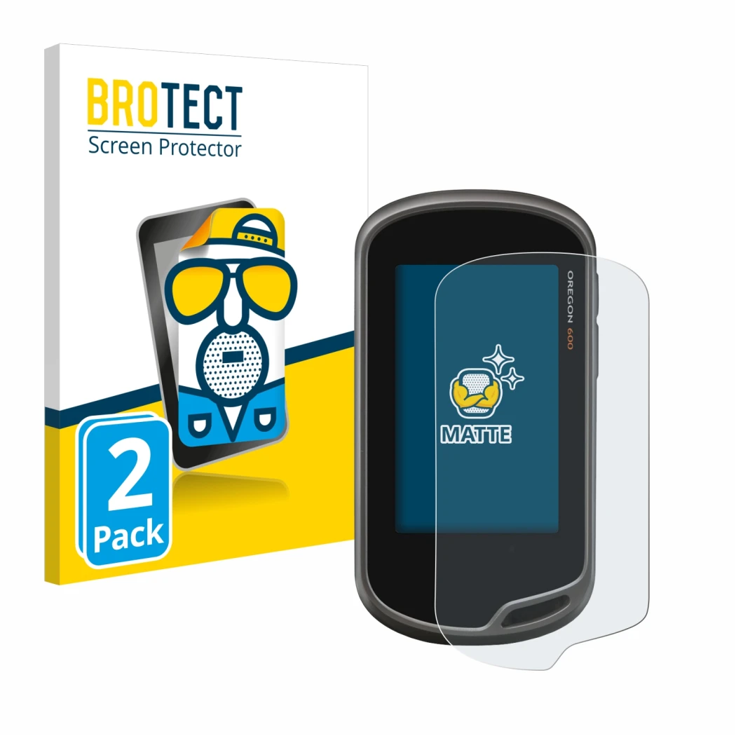 Face avant d’un emballage produit avec le logo de la marque BROTECT. À côté, l’appareil Garmin Oregon 600 est représenté avec 