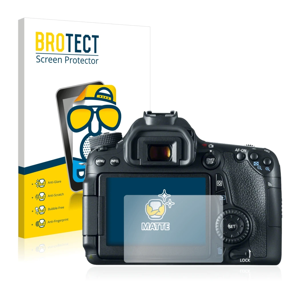 Face avant d’un emballage produit avec le logo de la marque BROTECT. À côté, l’appareil Canon EOS 70D est représenté avec la p