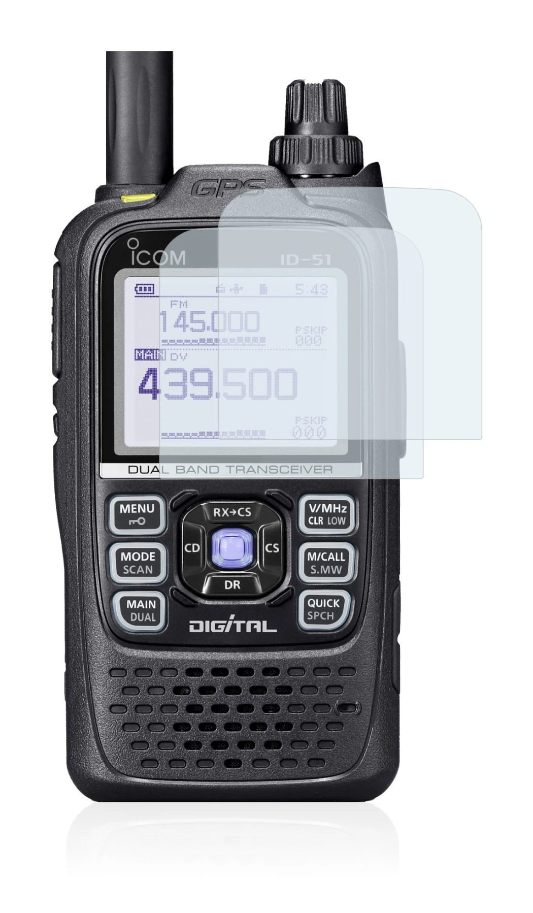 Image de l'appareil Icom ID-51 avec une grande variété de protections d'écran.