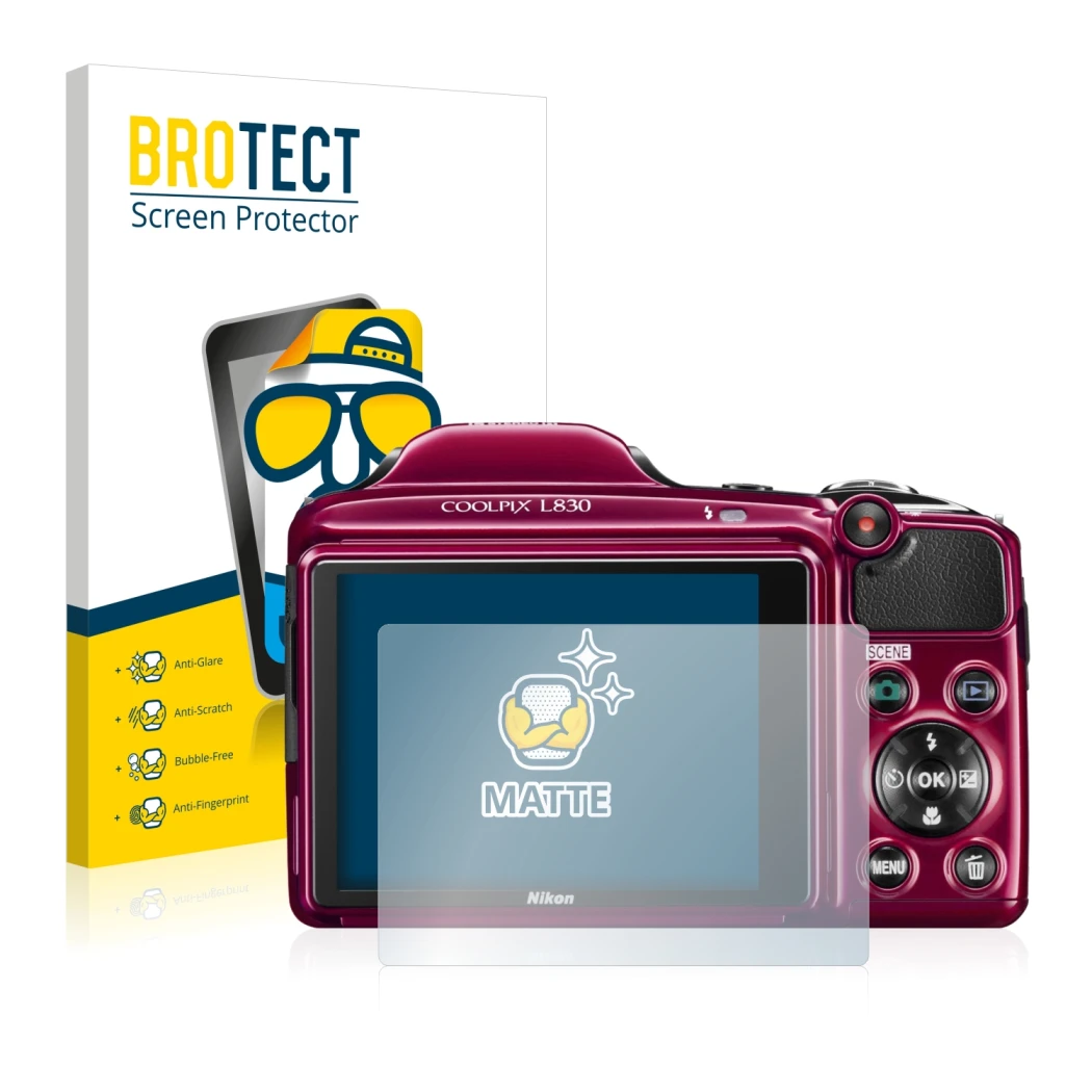 Face avant d’un emballage produit avec le logo de la marque BROTECT. À côté, l’appareil Nikon Coolpix L830 est représenté avec
