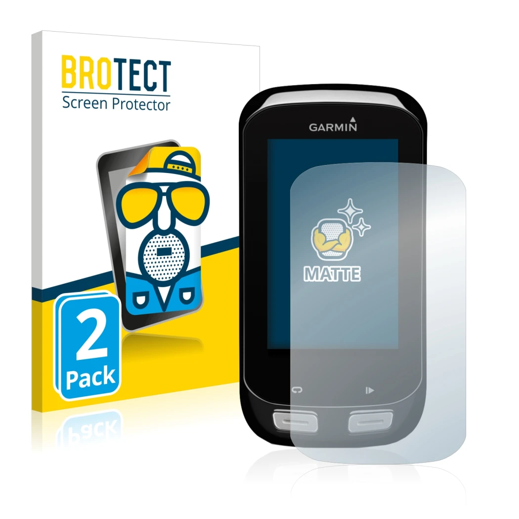 Face avant d’un emballage produit avec le logo de la marque BROTECT. À côté, l’appareil Garmin Edge 1000 est représenté avec l